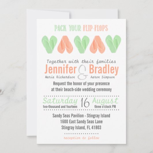 Beach Flip Flop Hearts Weddenschap Invitation Mint Kaart (Voorkant)