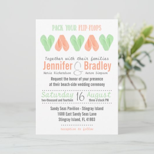 Beach Flip Flop Hearts Weddenschap Invitation Mint Kaart (Staand voorkant)