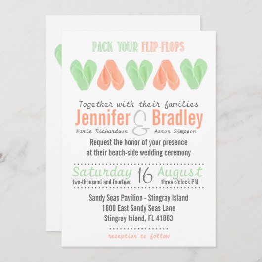 Beach Flip Flop Hearts Weddenschap Invitation Mint Kaart (Voorkant / Achterkant)
