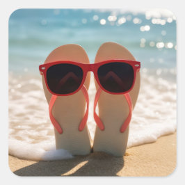 Beach Flip-flops with Red Sunglasses Vierkante Sticker