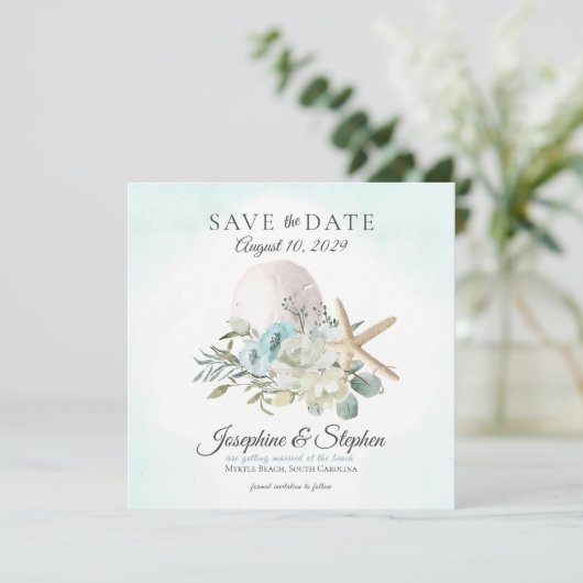 Beach Floral Sand Dollar Starfish Save the Date (Staand voorkant)