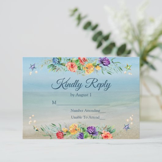 Beach Floral Waterverf Wedding RSVP (Staand voorkant)