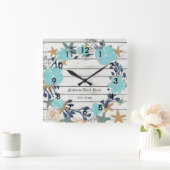 Beach Flowers and Starfish Rustic Vierkante Klok (Huis)