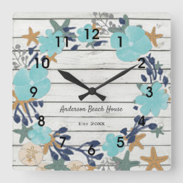 Beach Flowers and Starfish Rustic Vierkante Klok