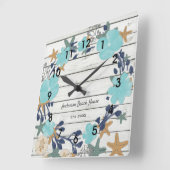 Beach Flowers and Starfish Rustic Vierkante Klok (Hoek)