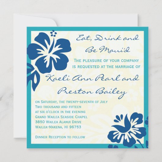 Beach Flowers Shades of Blue Wedding Invitation Kaart (Voorkant)
