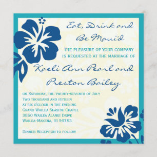 Beach Flowers Shades of Blue Wedding Invitation Kaart