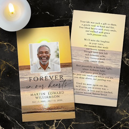 Beach Forever Hearts Memorial Photo Prayer Card Visitekaartje