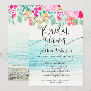 Beach foto roze florale waterverf vrijgezellenfees kaart