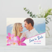 Beach foto Tropical Floral Plumeria Destination Save The Date (Staand voorkant)