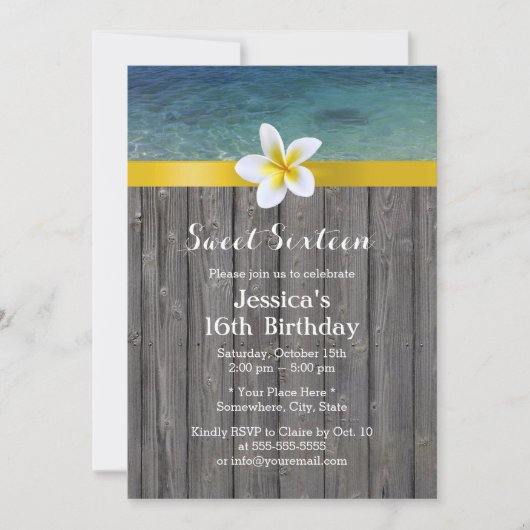 Beach & Frangipani Flower Wood Background Sweet 16 Kaart (Voorkant)
