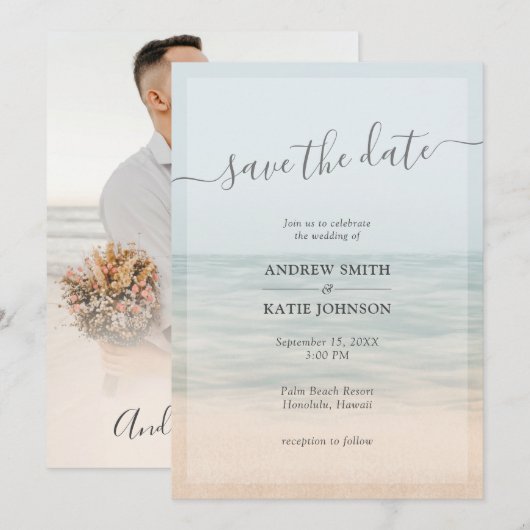 Beach Front  Hawaiian Photo Wedding Save The Date (Voorkant / Achterkant)