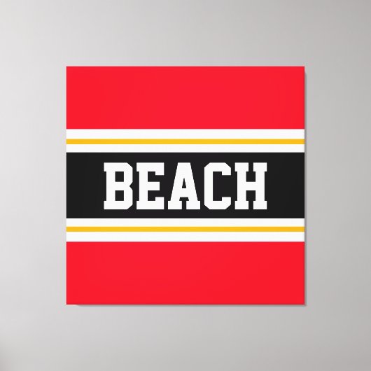 BEACH Fun Helder Rood Zwart Wit Gele Strepen Canvas Afdruk (Voorkant)