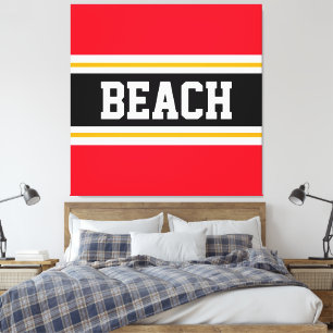 BEACH Fun Helder Rood Zwart Wit Gele Strepen Canvas Afdruk