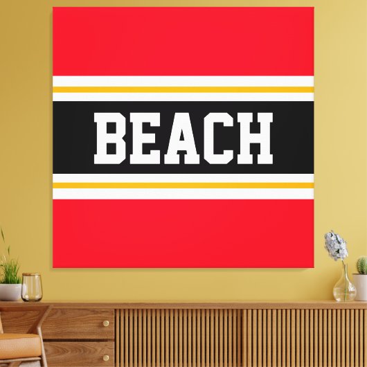 BEACH Fun Helder Rood Zwart Wit Gele Strepen Canvas Afdruk (Insitu (Woonkamer))