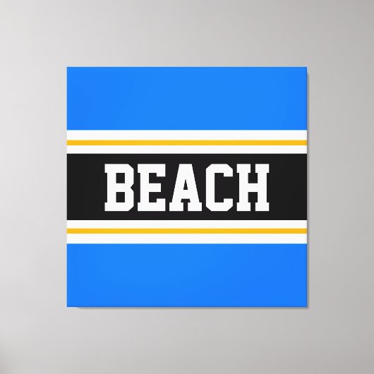 BEACH Fun Helderblauw Zwart Wit Gele Strepen Canvas Afdruk (Voorkant)