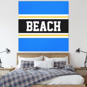 BEACH Fun Helderblauw Zwart Wit Gele Strepen Canvas Afdruk