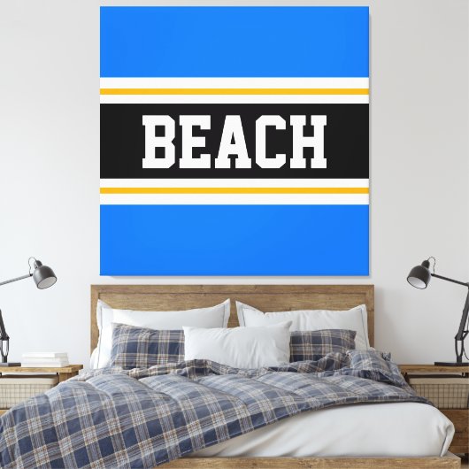 BEACH Fun Helderblauw Zwart Wit Gele Strepen Canvas Afdruk (Insitu (Slaapkamer))