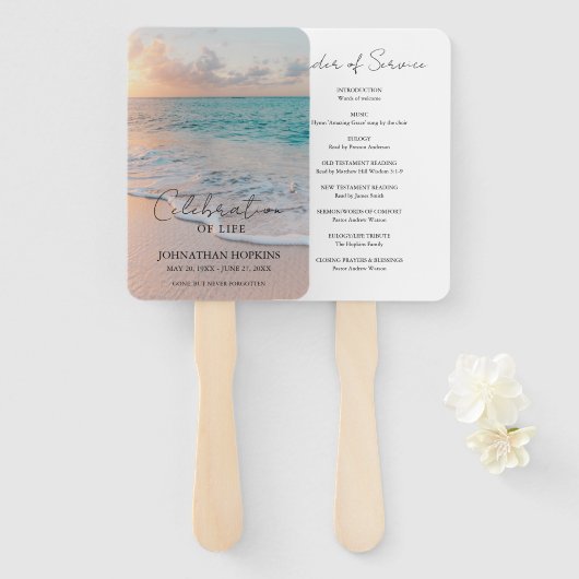 Beach Funeral Celebration of Life Order of Service Handwaaier (Voorkant en achterkant)