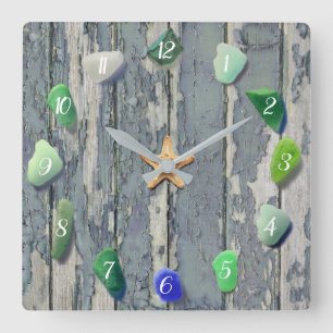 Beach Glass Coastal Decor Driftwood Blue Green Vierkante Klok