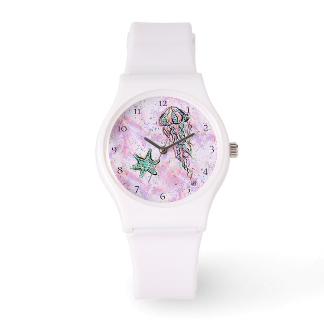 *~* Beach Glitter Art Star Fish Jelly Fish Zee Horloge (Voorkant)