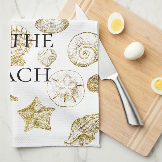 Beach Gold Sea Shells Theedoek (Quarter Fold)