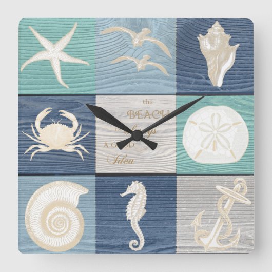 Beach Good Idee Blue Aqua Old Wood Zee Clock Vierkante Klok (Voorkant)