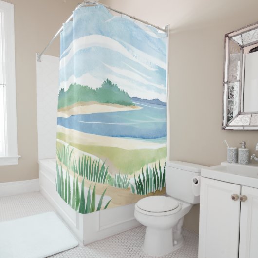 Beach Grass Bay | Watercolor Ocean Coastal Sea Douchegordijn (In situ)