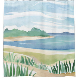Beach Grass Bay | Watercolor Ocean Coastal Sea Douchegordijn