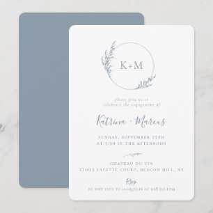 Beach Grass Monogram Dusty Blue Engagement Party Kaart
