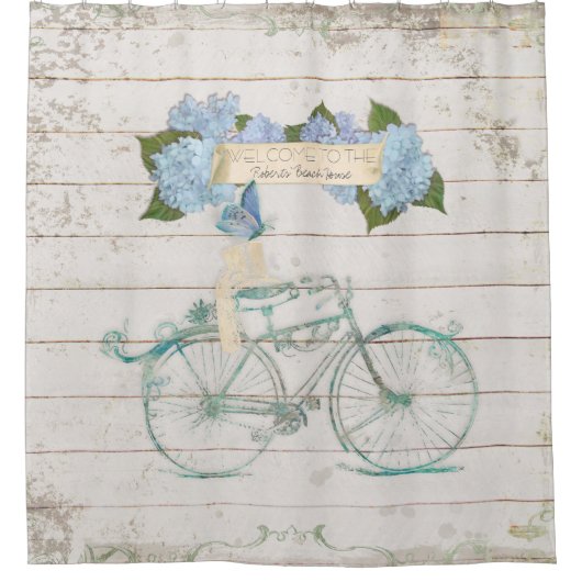 Beach Guest House Shiplap Wood Hydrangea Bicycle Douchegordijn (Voorkant)