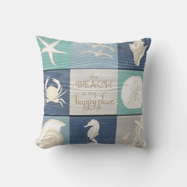 Beach Happy Place Blue Aqua Old Wood Zee Pillow Kussen (Voorkant)