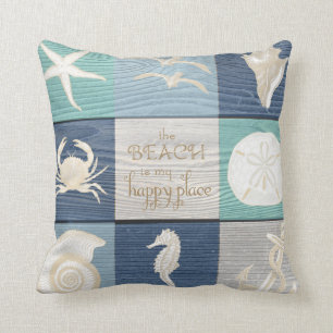 Beach Happy Place Blue Aqua Old Wood Zee Pillow Kussen