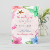 Beach Hawaiian tropical floral wreatbruiloft Kaart (Staand voorkant)