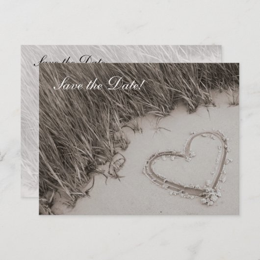 Beach Heart Sepia Bewaar de datum Aankondigingskaart (Voorkant / Achterkant)
