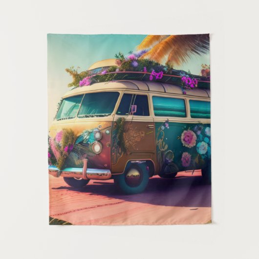 Beach, Hippie Van, Trippy Flowers, Boho, Colorful Wandkleed (Voorkant)