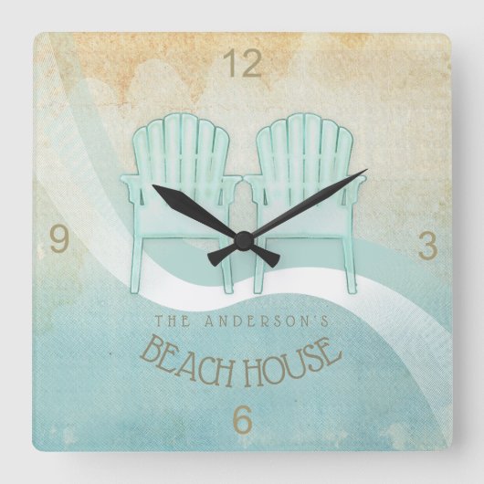 Beach House Adirondack Chairs Aqua Blue ID623 Vierkante Klok (Voorkant)