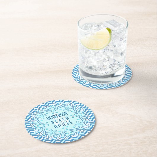 Beach House Art Deco Shell en Herringbone Custom Ronde Kartonnen Onderzetter (Insitu)