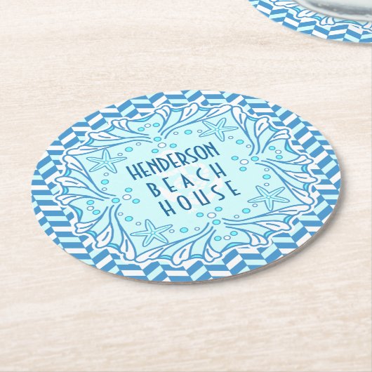Beach House Art Deco Shell en Herringbone Custom Ronde Kartonnen Onderzetter (Gebogen)