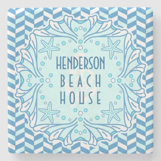 Beach House Art Deco Shell en Herringbone Custom Stenen Onderzetter (Voorkant)