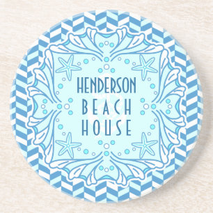 Beach House Art Deco Shell en Herringbone Custom Zandsteen Onderzetter