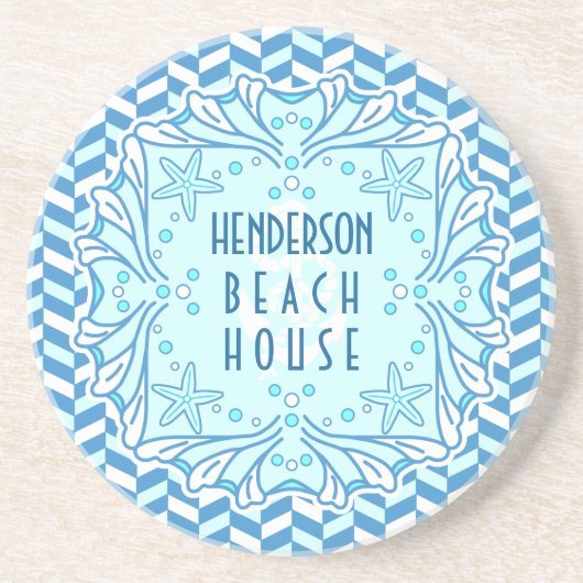 Beach House Art Deco Shell en Herringbone Custom Zandsteen Onderzetter (Voorkant)