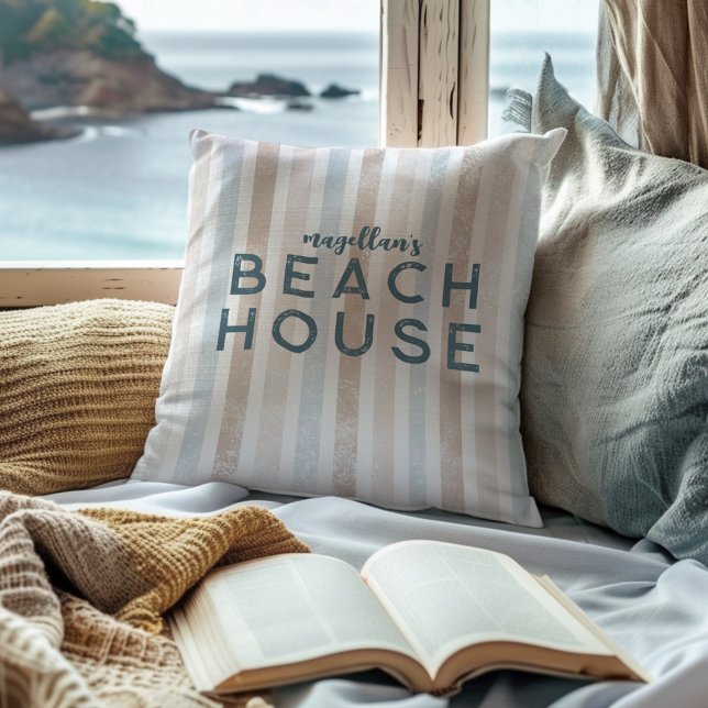 Beach House Beige & Blue Stripe Coastal Kussen (Creator heeft geüpload)