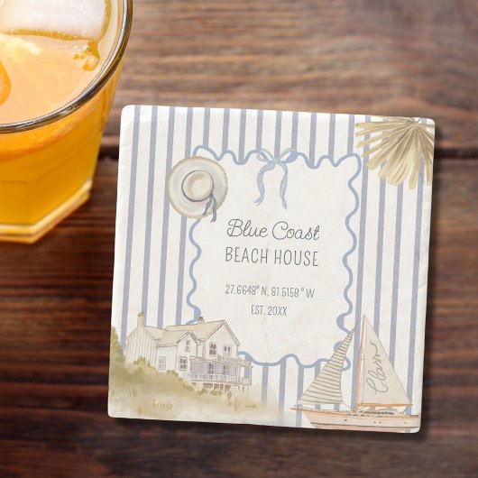 Beach House Blue Coastal Chic Blue Stripes Stenen Onderzetter