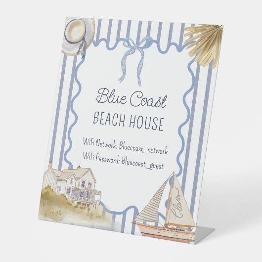 Beach House Blue Coastal Chic Guestbook Reclamebord Met Voetstuk (Voorkant)