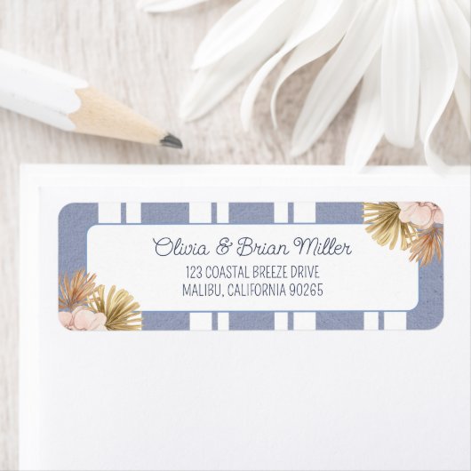 Beach House Blue Strip Coastal Boho Retouradres Etiket (Insitu)