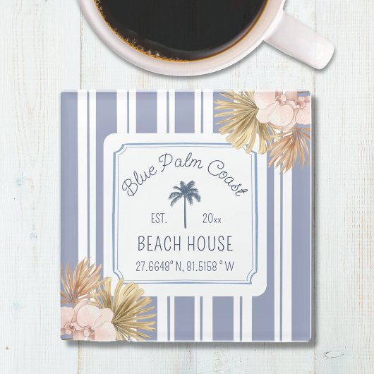Beach House Blue Stripes Coastal Boho Farmhouse Glazen Onderzetter