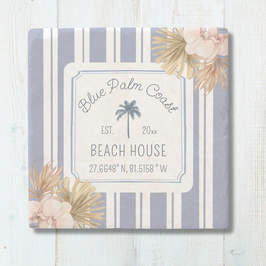Beach House Blue Stripes Coastal Boho Farmhouse Stenen Onderzetter