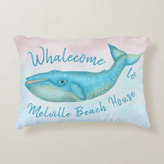 Beach House Blue Whale Nautical Whalecome | Naam Accent Kussen (Voorkant)