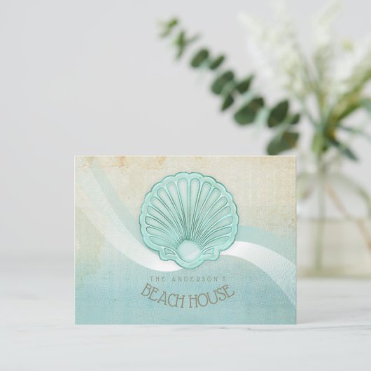 Beach House Clam Shell Aqua Blue ID623 Briefkaart (Staand voorkant)